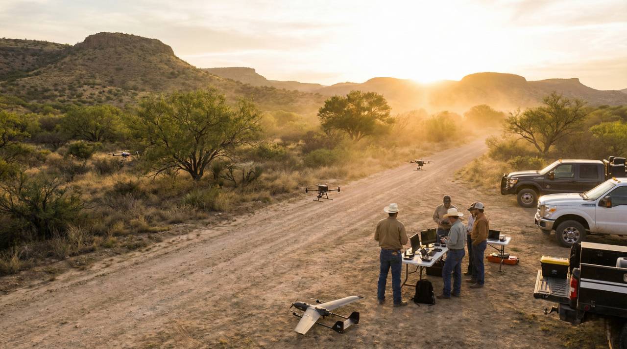 team operating drones on ranch land, texas photoroom