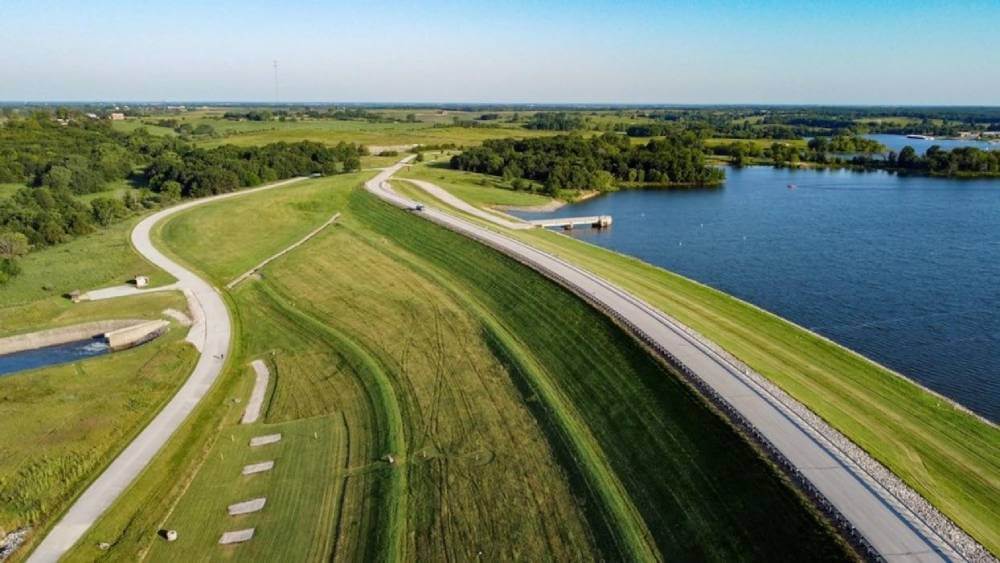 Drone documenting a levee embankment for maintenance planning